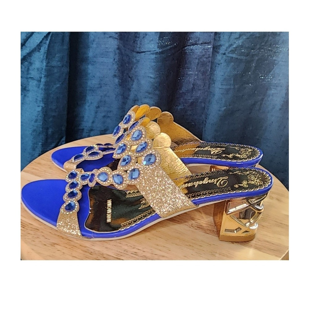Blue Gold Rhinestone Sandal Open Toe Slides Sparkle Shimmer Chunky Heel Party 10